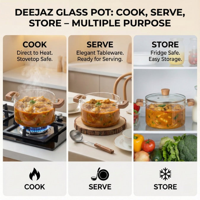 DEEJAZ Premium Borosilicate Glass Cooking Pot – Heat Resistant Flame Safe
