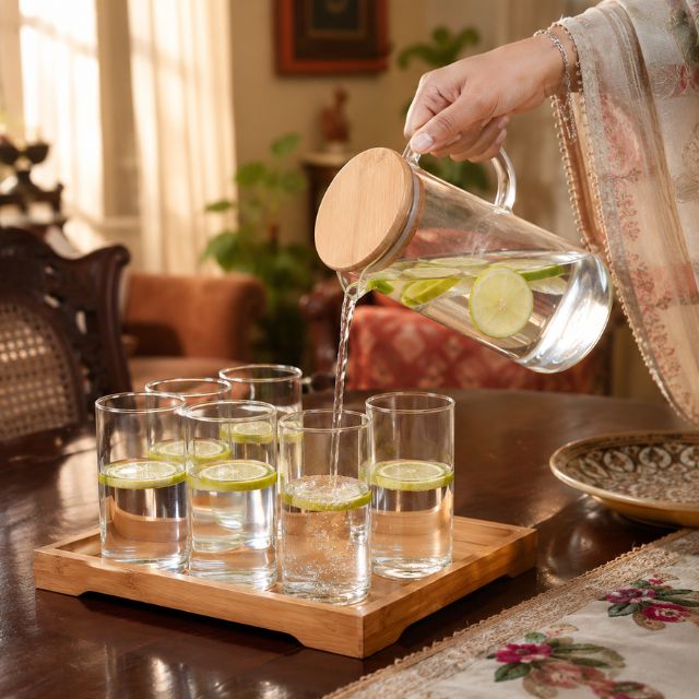 Premium borosilicate glass water jug set in use on dining table – Pakistani home lifestyle