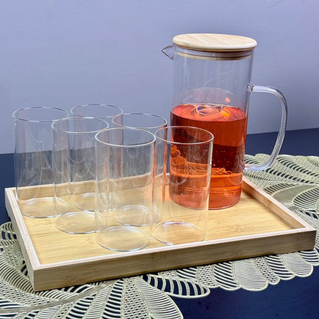 8-piece glass serving set spec infographic – 1.7L jug, 320ml glasses, bamboo tray – DEEJAZ International