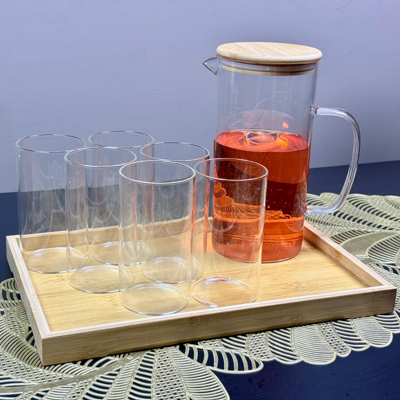 8-piece glass serving set spec infographic – 1.7L jug, 320ml glasses, bamboo tray – DEEJAZ International