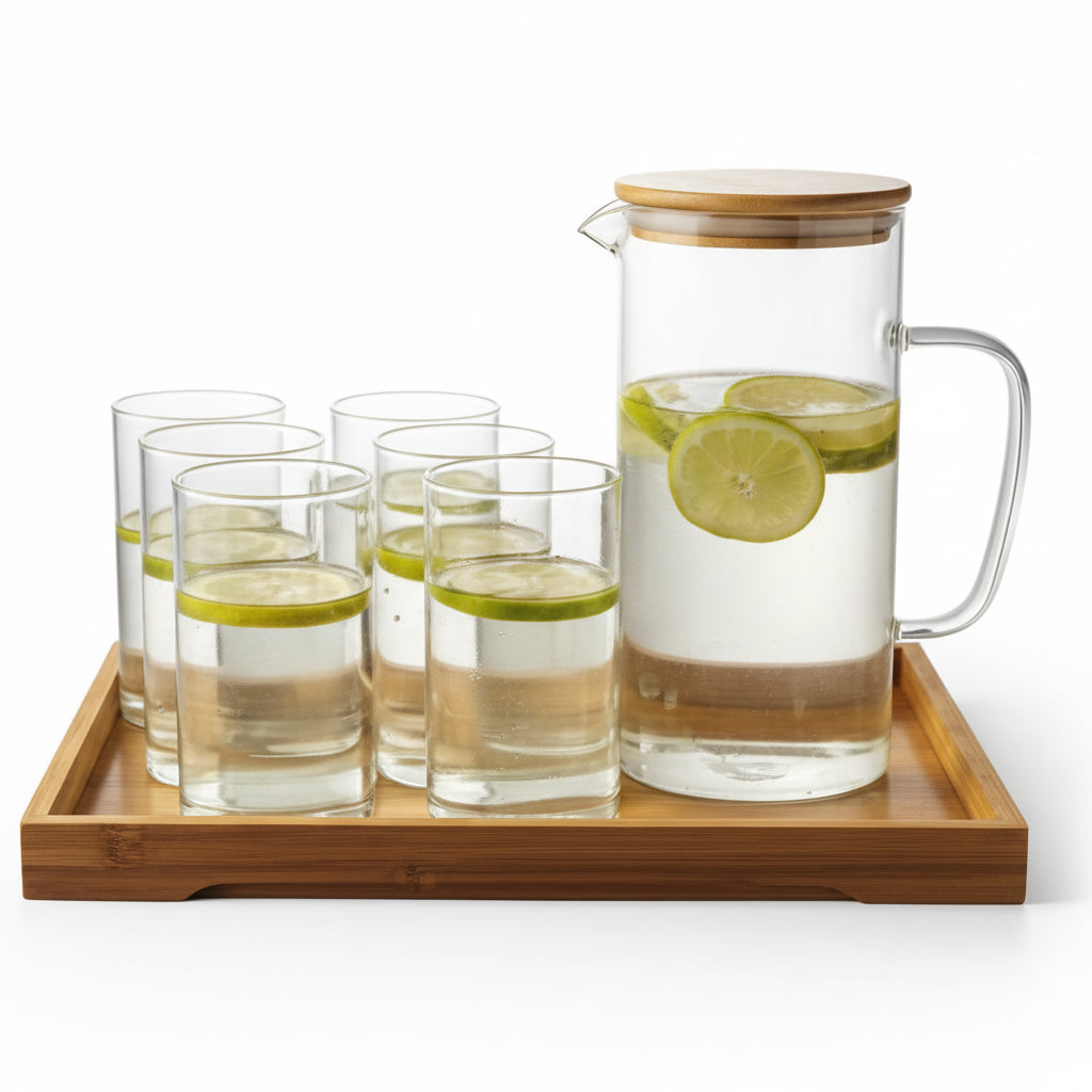 8-Piece Glass Water Serving Set with jug, 6 tumblers and bamboo tray – DEEJAZ International