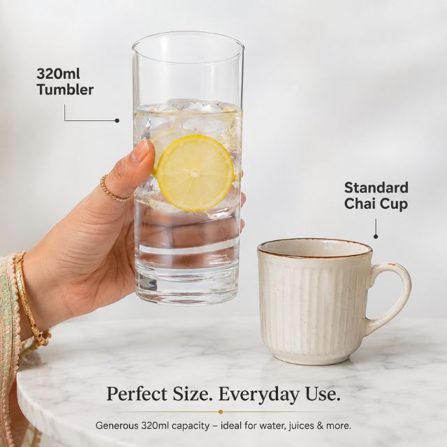 Hand holding 320ml borosilicate glass tumbler from DEEJAZ 8-piece water serving set – size scale reference