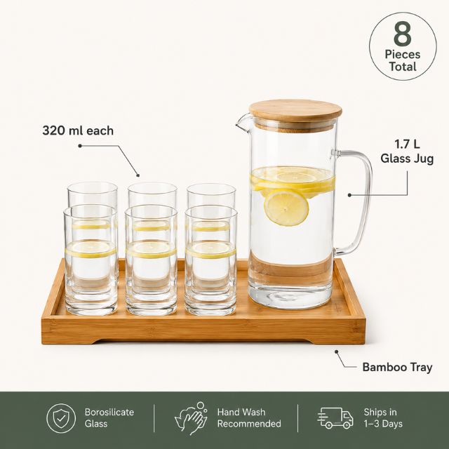 DEEJAZ 8-piece glass water set as wedding and housewarming gift with gold ribbon and gift packaging