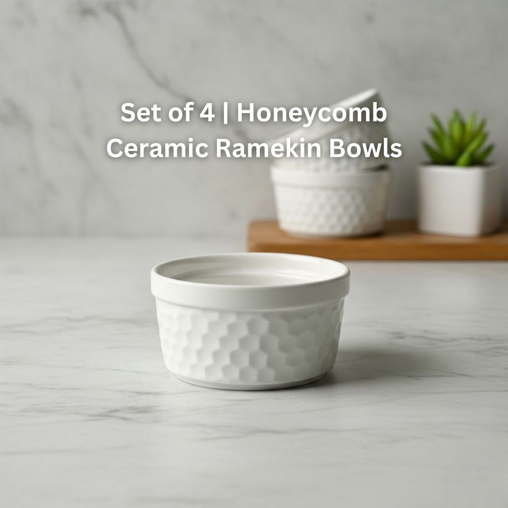 Set of 4 | Honeycomb Ceramic Ramekin Bowls | Oven & Freezer Safe Bakeware
