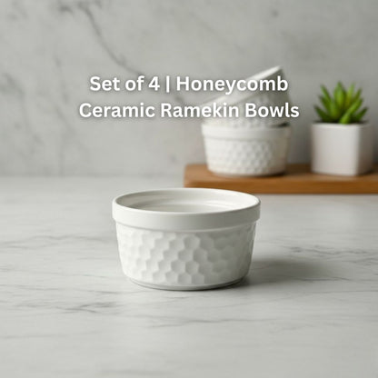 Set of 4 | Honeycomb Ceramic Ramekin Bowls | Oven & Freezer Safe Bakeware