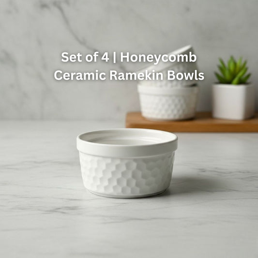 Set of 4 | Honeycomb Ceramic Ramekin Bowls | Oven & Freezer Safe Bakeware