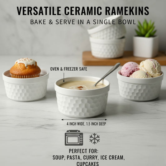 Set of 4 | Honeycomb Ceramic Ramekin Bowls | Oven & Freezer Safe Bakeware