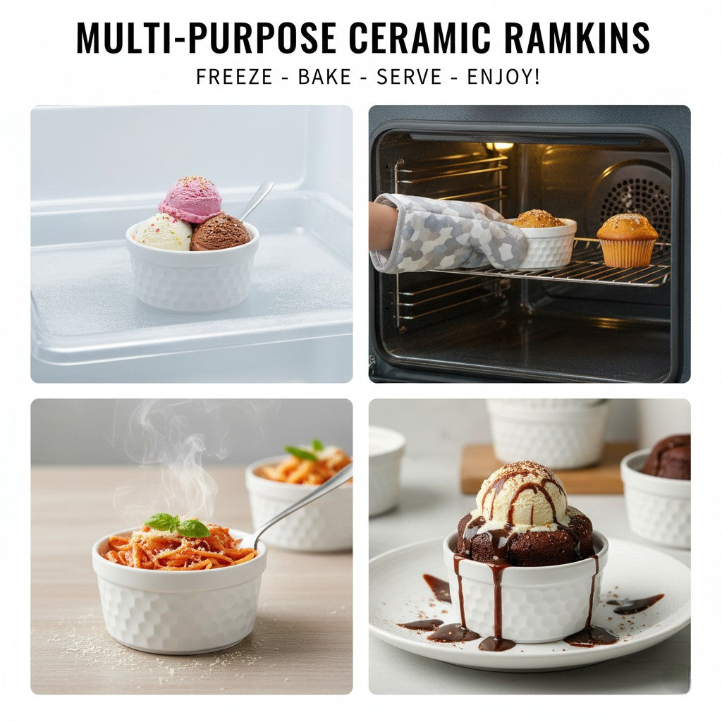 Set of 4 | Honeycomb Ceramic Ramekin Bowls | Oven & Freezer Safe Bakeware