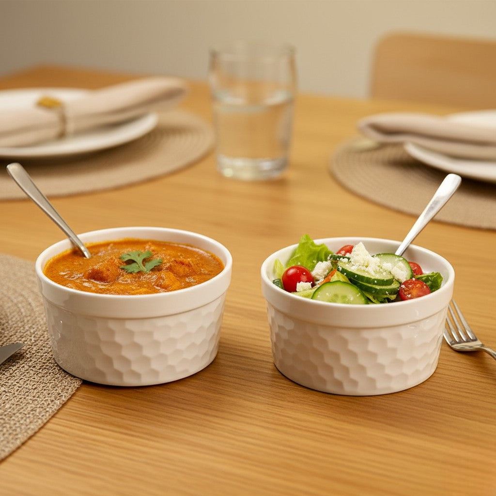 Set of 4 | Honeycomb Ceramic Ramekin Bowls | Oven & Freezer Safe Bakeware
