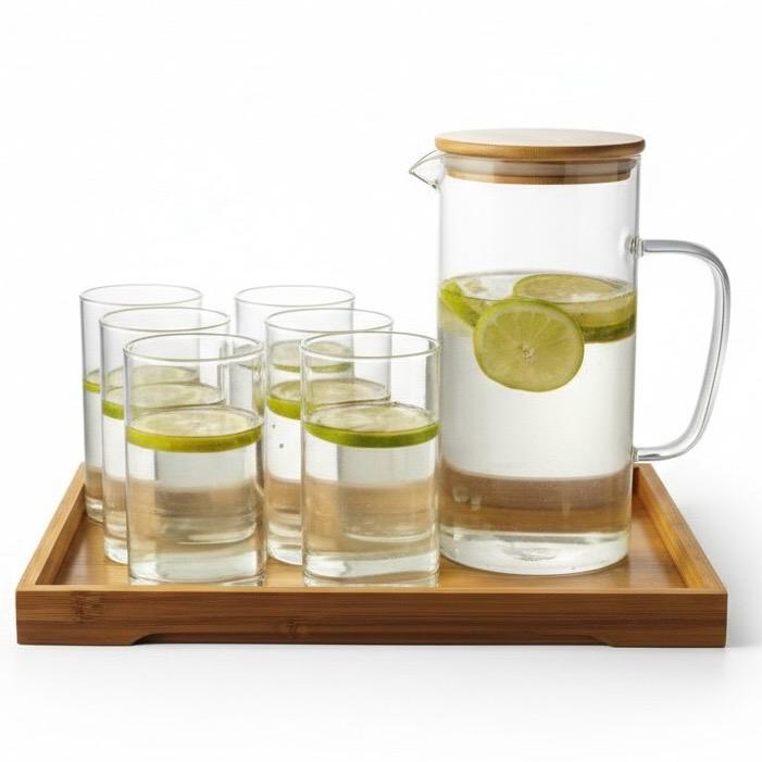 Premium Glass Water Serving Set | Jug + 6 Glasses | Wooden Tray | 8 Piece