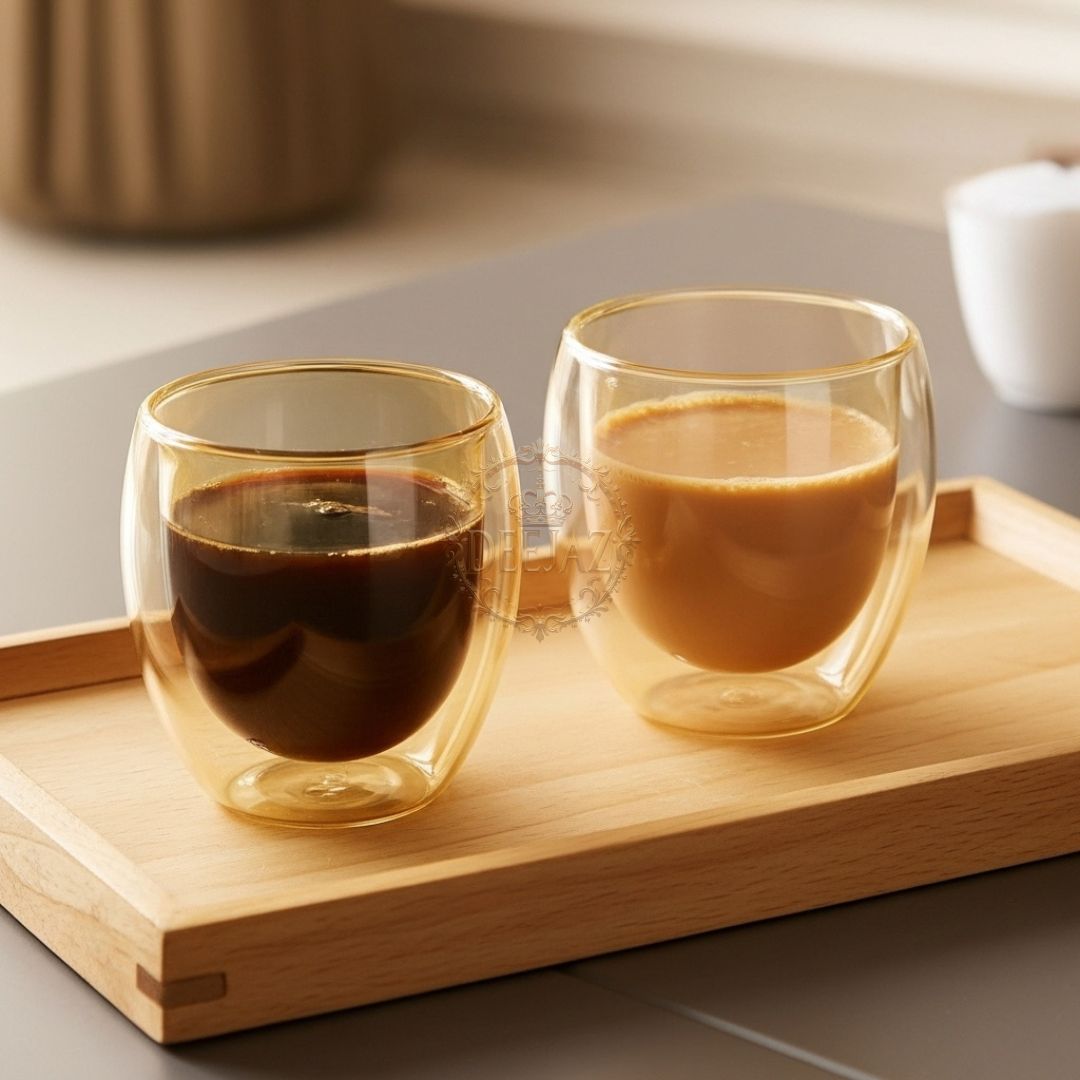 Set of 2 Amber Double Wall Glass Mugs 200 ML – Perfect for Hot & Cold Drinks (Regular Size)
