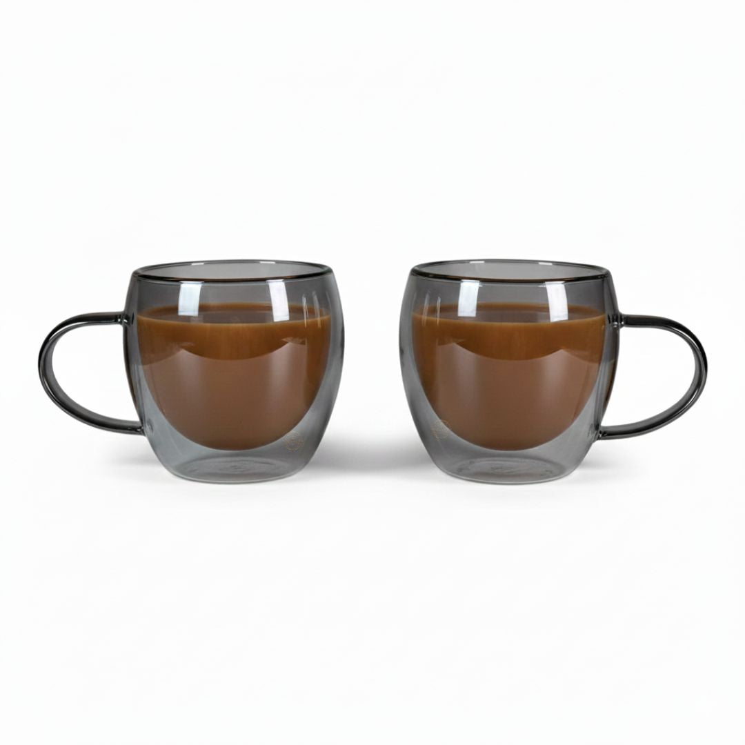 Set of 2 GREY Double Wall Glass Mugs 200 ML – Perfect for Hot & Cold Drinks (Regular Size)