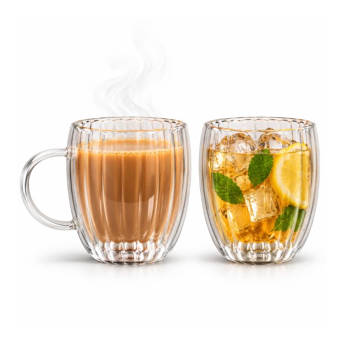 Premium Ribbed Double Wall Glass Mug 200ml