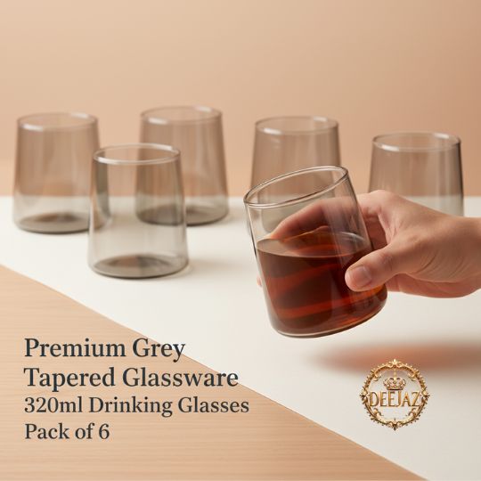 Premium Grey Tapered Glassware Set – 320ml Drinking Glasses Pack of 6