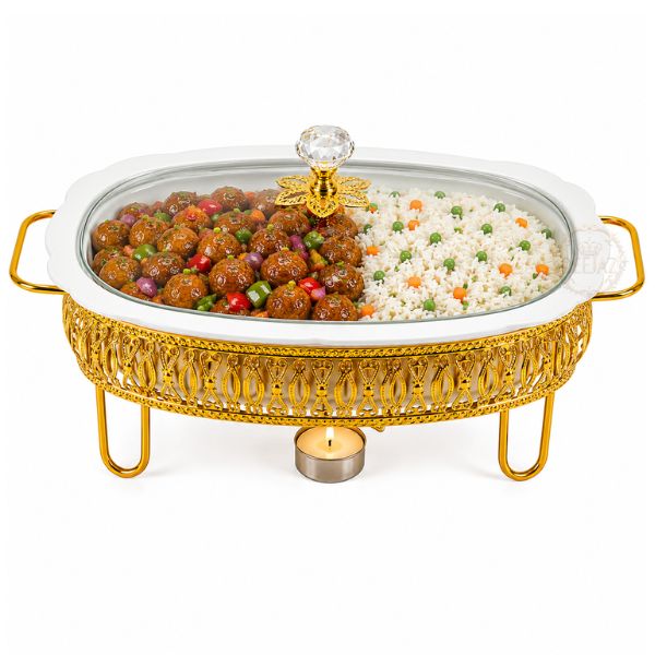DEEJAZ Food Warmer Serving Dish with Glass Lid & Gold Stand