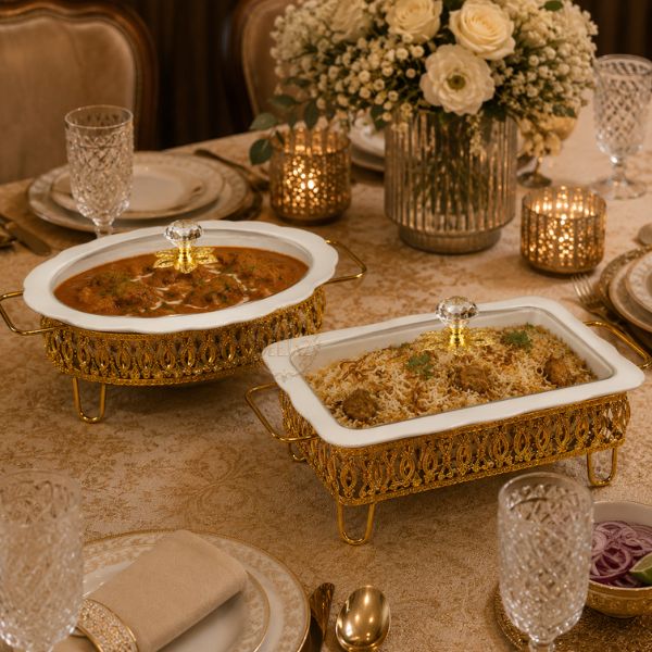DEEJAZ Food Warmer Serving Dish with Glass Lid & Gold Stand