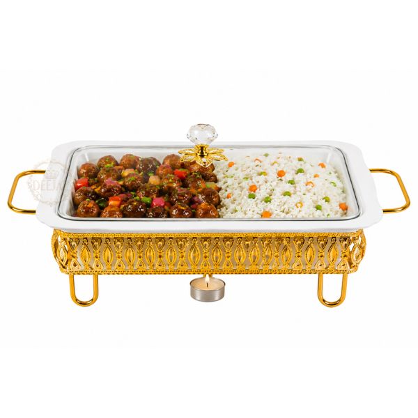 DEEJAZ Food Warmer Serving Dish with Glass Lid & Gold Stand