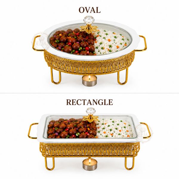 DEEJAZ Food Warmer Serving Dish with Glass Lid & Gold Stand