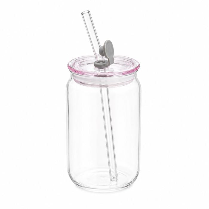 Nordic Sip clear can glass tumbler 500ML with tinted glass flip lid and glass straw