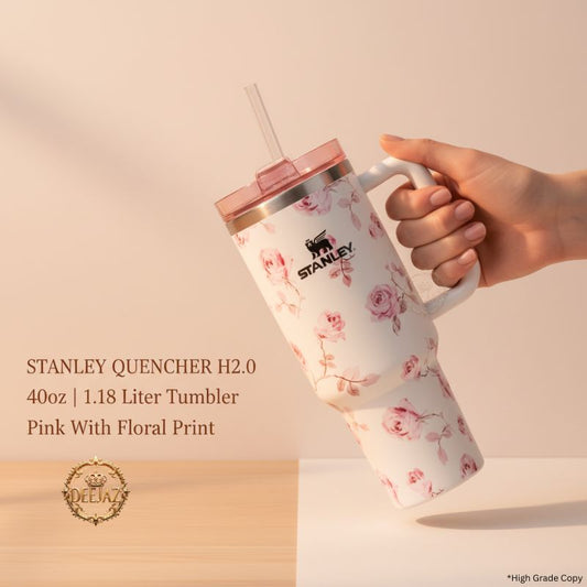 Stanley Quencher H2.0 Style Tumbler | 40oz 1.18L | White WIth Pink Floral| With Handle & Straw