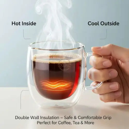 Set of 2 Premium Double Wall Glass Mugs 200 ML – Perfect for Hot & Cold Drinks (Regular Size)