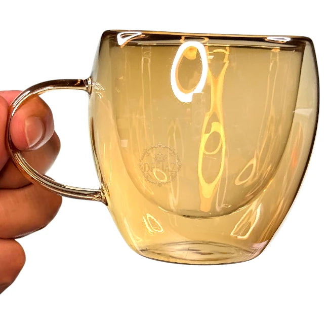 Set of 2 Amber Double Wall Glass Mugs 200 ML – Perfect for Hot & Cold Drinks (Regular Size)