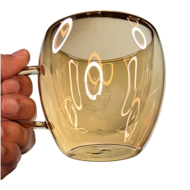 Set of 2 Amber Double Wall Glass Mugs 200 ML – Perfect for Hot & Cold Drinks (Regular Size)