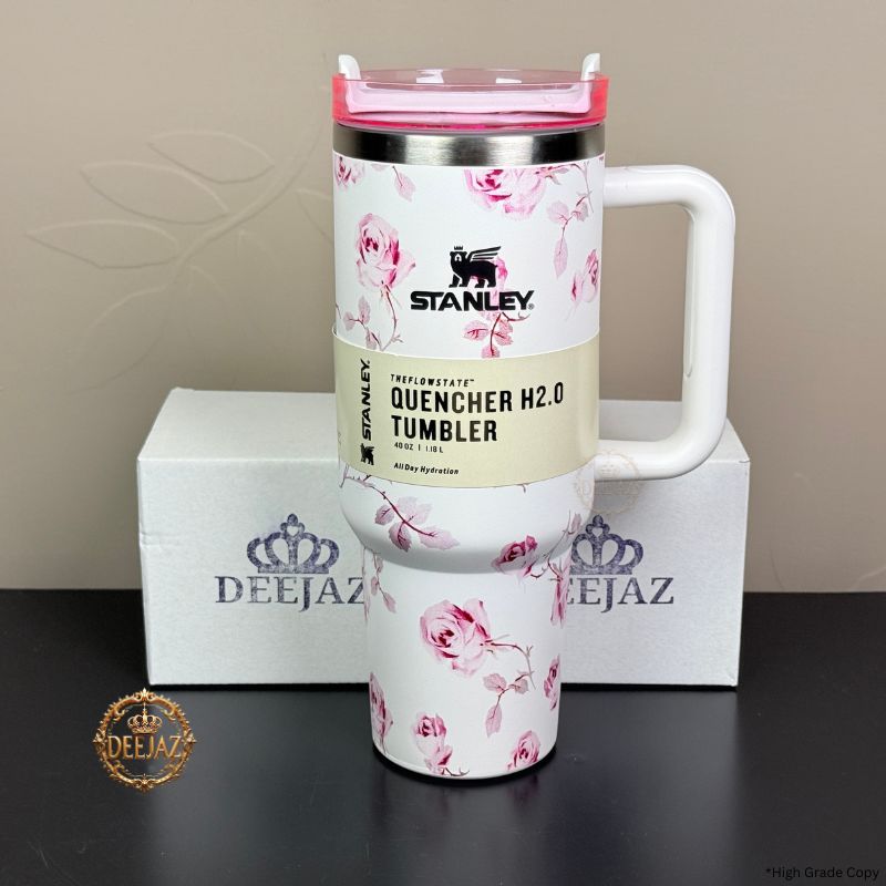 Stanley Quencher H2.0 Style Tumbler | 40oz 1.18L | White WIth Pink Floral| With Handle & Straw