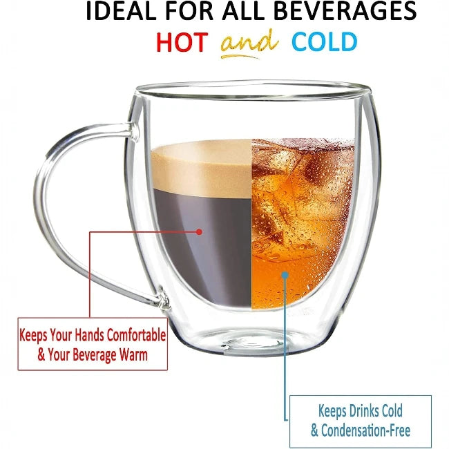 Set of 2 Premium Double Wall Glass Mugs 200 ML – Perfect for Hot & Cold Drinks (Regular Size)