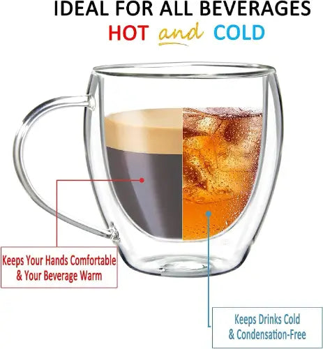 Set of 2 Double Wall Glass Mugs 200 ML – Perfect for Hot & Cold Drinks (Regular Size)