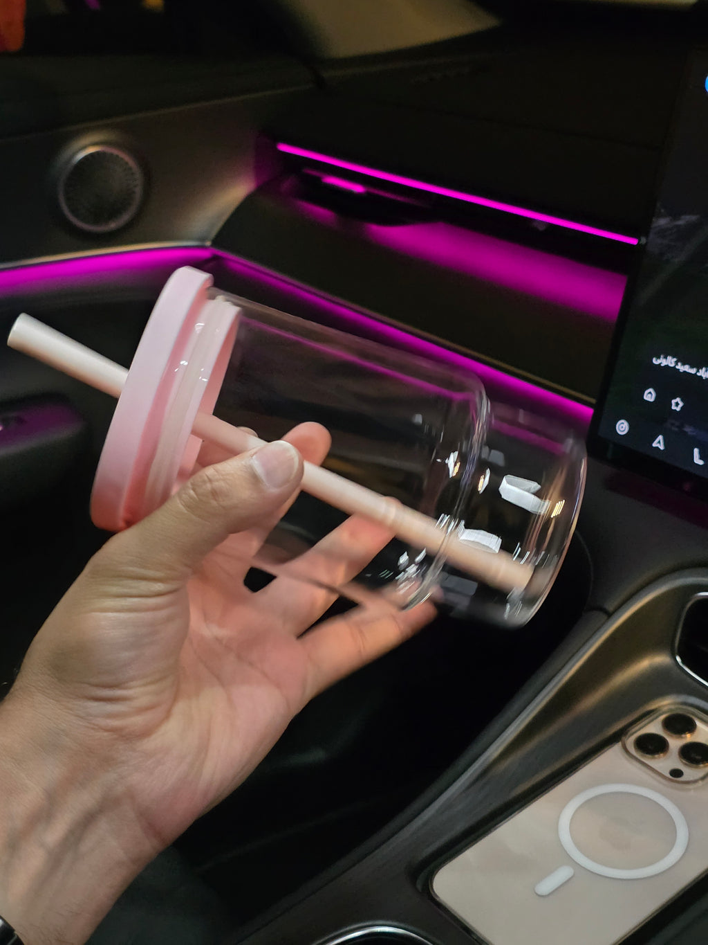Blush Sip pink lid glass tumbler with straw lifestyle photo